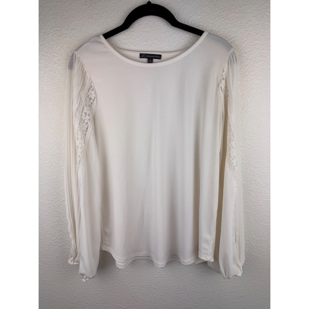 Adrianna Papell White Pleated Blouse Womens S Long Sleeve Top Romantic Coquette